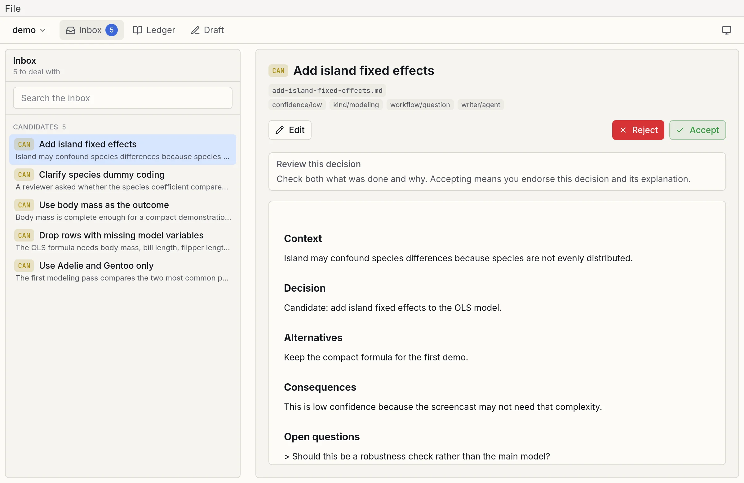 The DADRock standalone app on Linux, with its File menu above the Inbox: five candidate decisions, one open with Edit, Reject, and Accept buttons