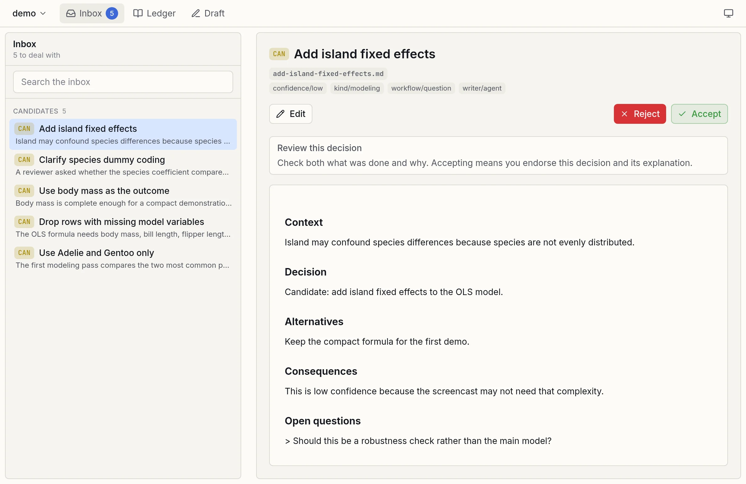 The DADRock web UI Inbox: a list of five candidate decisions, with one open showing its Context, Decision, Alternatives, and Consequences and Accept and Reject buttons